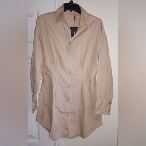 PrettyLittleThing Stone Fitted Waist Long Sleeve Shirt Dress Size US 6 UK  10